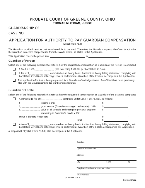 GC Form 73.1-A Application for Authority to Pay Guardian Compensation - Greene County, Ohio