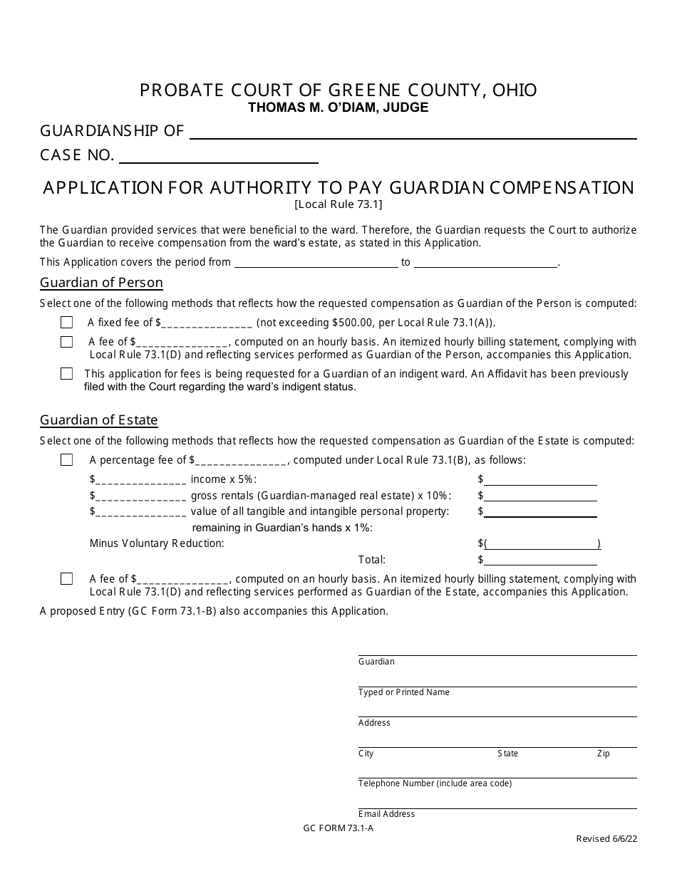 GC Form 73.1-A Application for Authority to Pay Guardian Compensation - Greene County, Ohio, Page 1