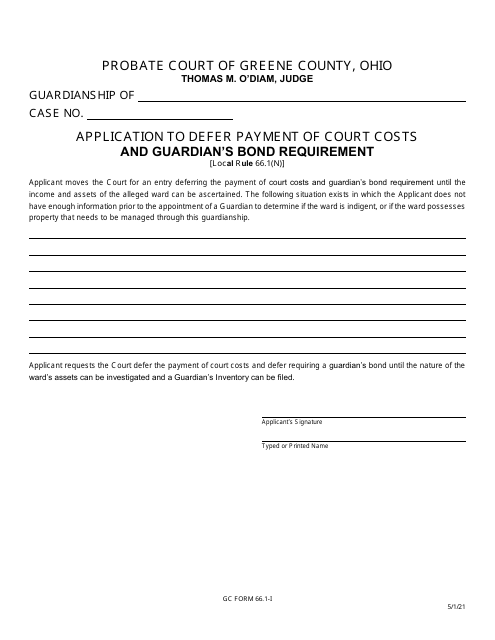 GC Form 66.1-I Application to Defer Payment of Court Costs and Guardian's Bond Requirement - Green County, Ohio