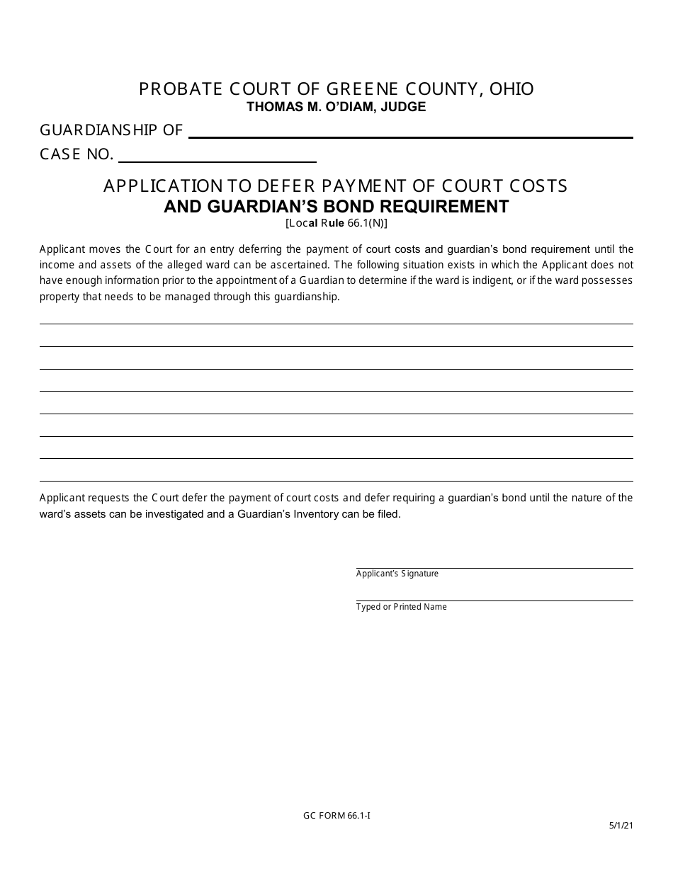 GC Form 66.1-I Application to Defer Payment of Court Costs and Guardians Bond Requirement - Green County, Ohio, Page 1