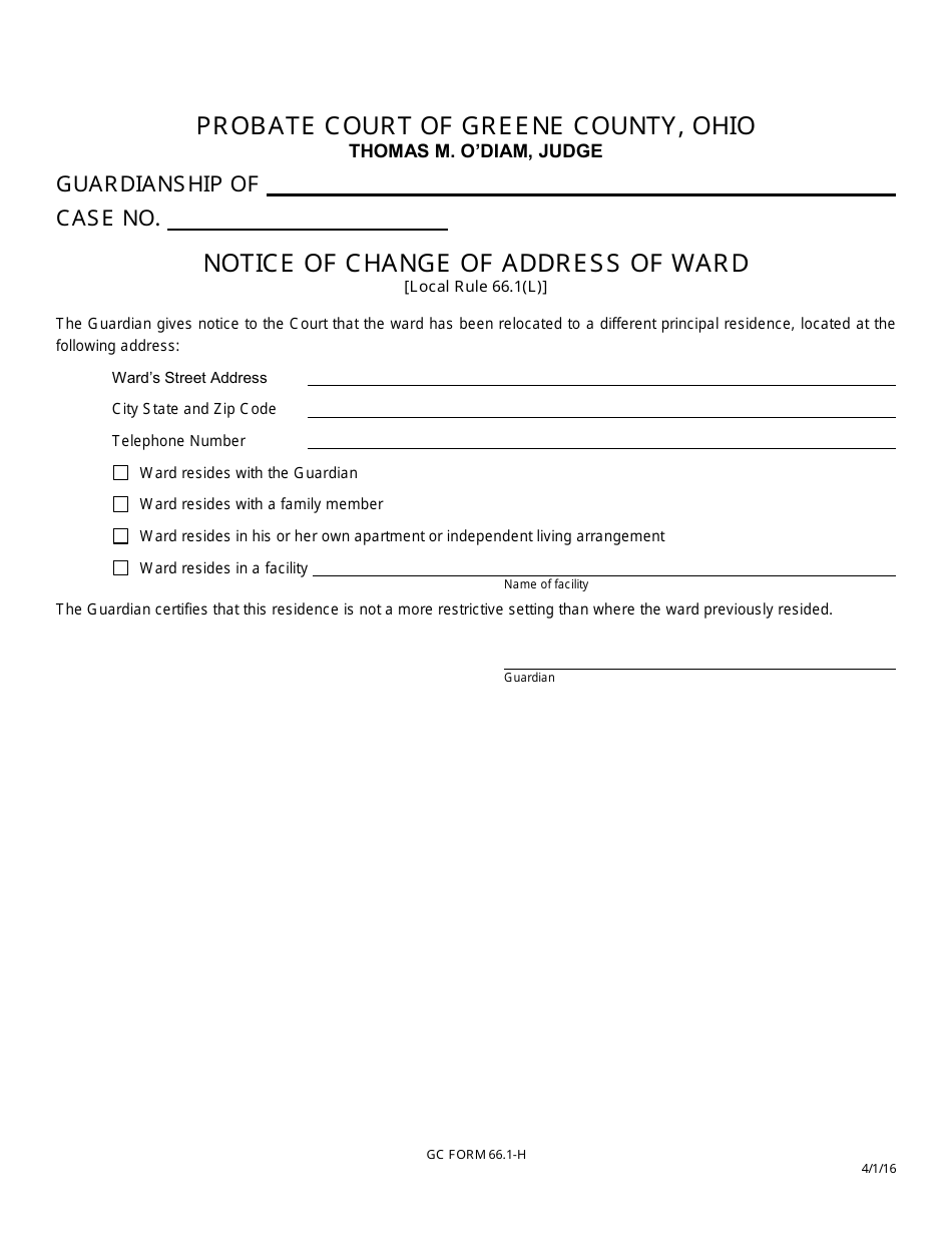 GC Form 66.1-H Notice of Change of Address of Ward - Green County, Ohio, Page 1