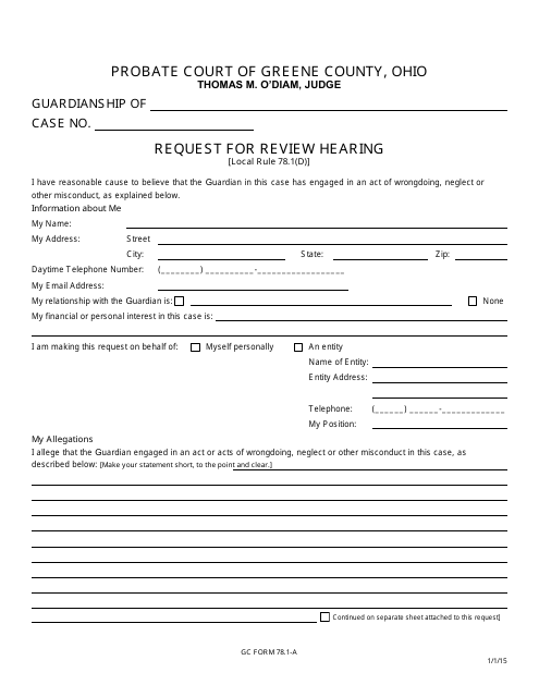 GC Form 78.1-A Request for Review Hearing - Guardianship - Green County, Ohio