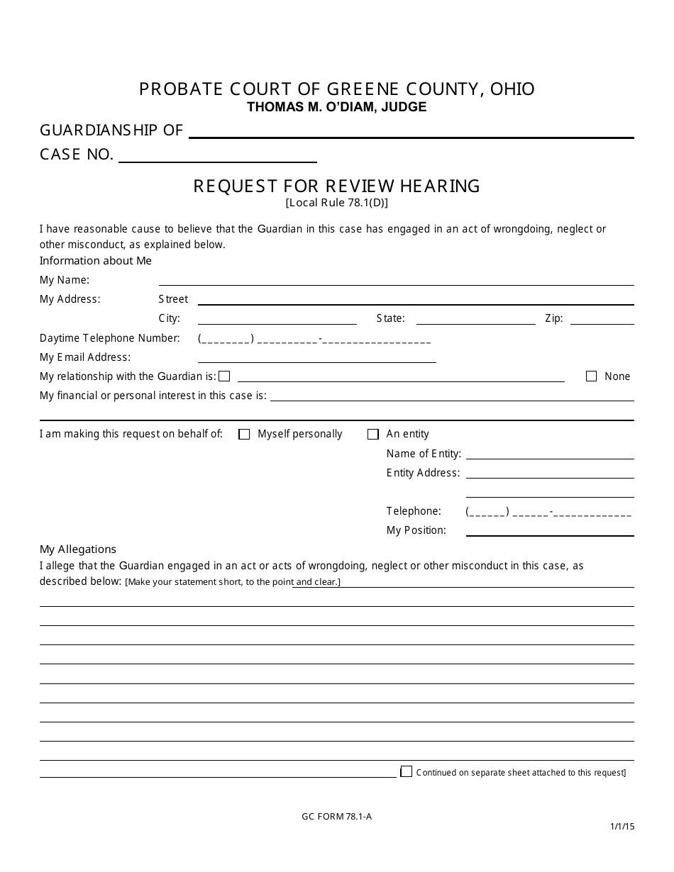 GC Form 78.1-A Request for Review Hearing - Guardianship - Green County, Ohio, Page 1