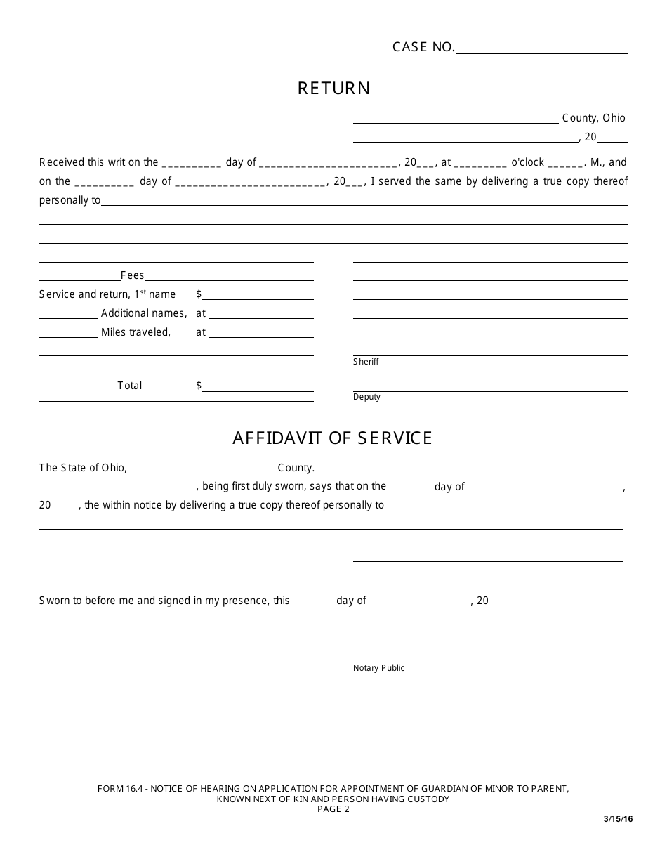 Form 16.4 Notice of Hearing on Application for Appointment Guardian of Minor to Parent, Known Next of Kin and Person Having Custody - Green County, Ohio, Page 2