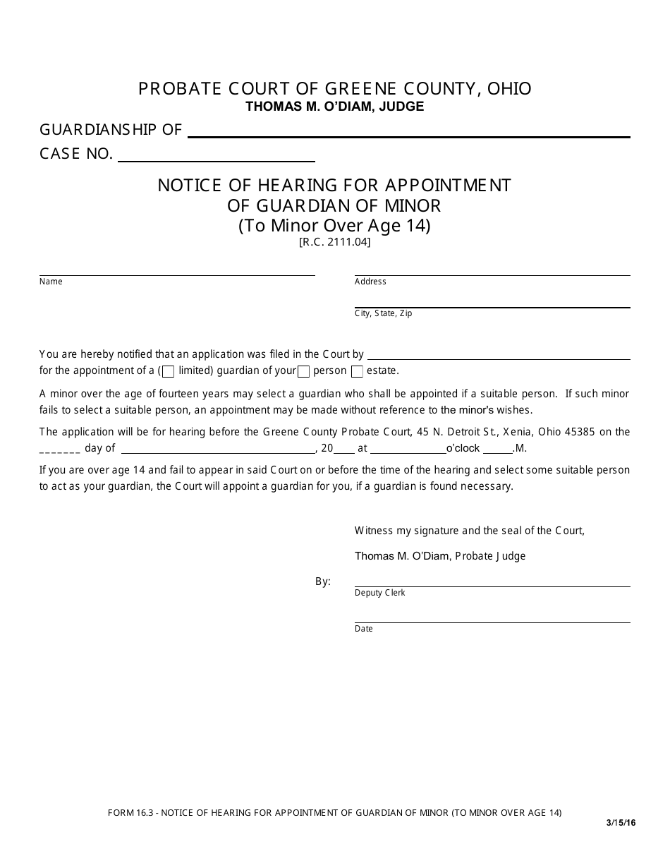 Form 16.3 Notice of Hearing for Appointment of Guardian of Minor (To Minor Over Age 14) - Greene County, Ohio, Page 1