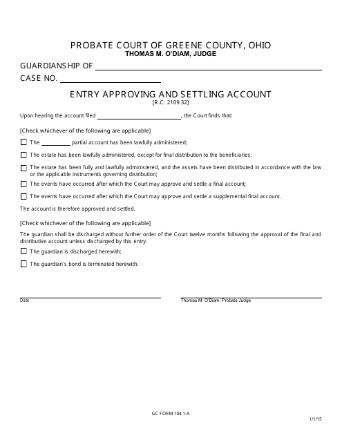 GC Form 104.1-A Entry Approving and Settling Account - Greene County, Ohio