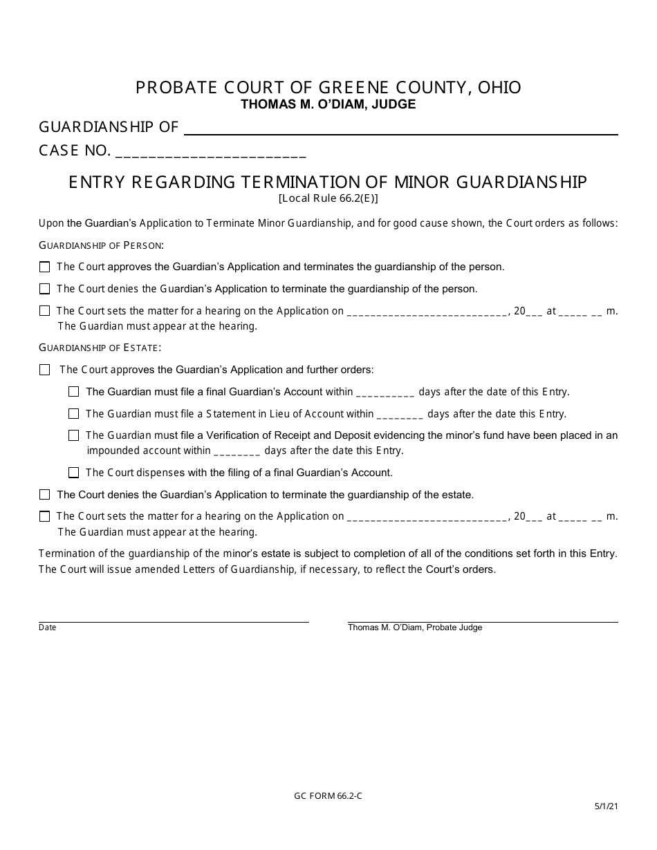 GC Form 66.2-C Entry Regarding Termination of Minor Guardianship - Greene County, Ohio, Page 1