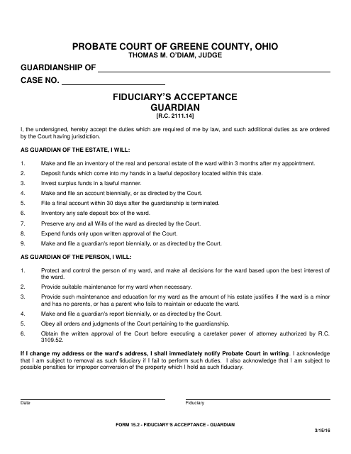 Form 15.2 Fiduciary's Acceptance - Guardian - Greene County, Ohio