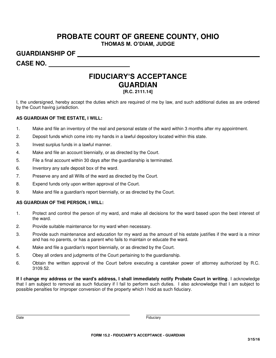 Form 15.2 Fiduciarys Acceptance - Guardian - Greene County, Ohio, Page 1