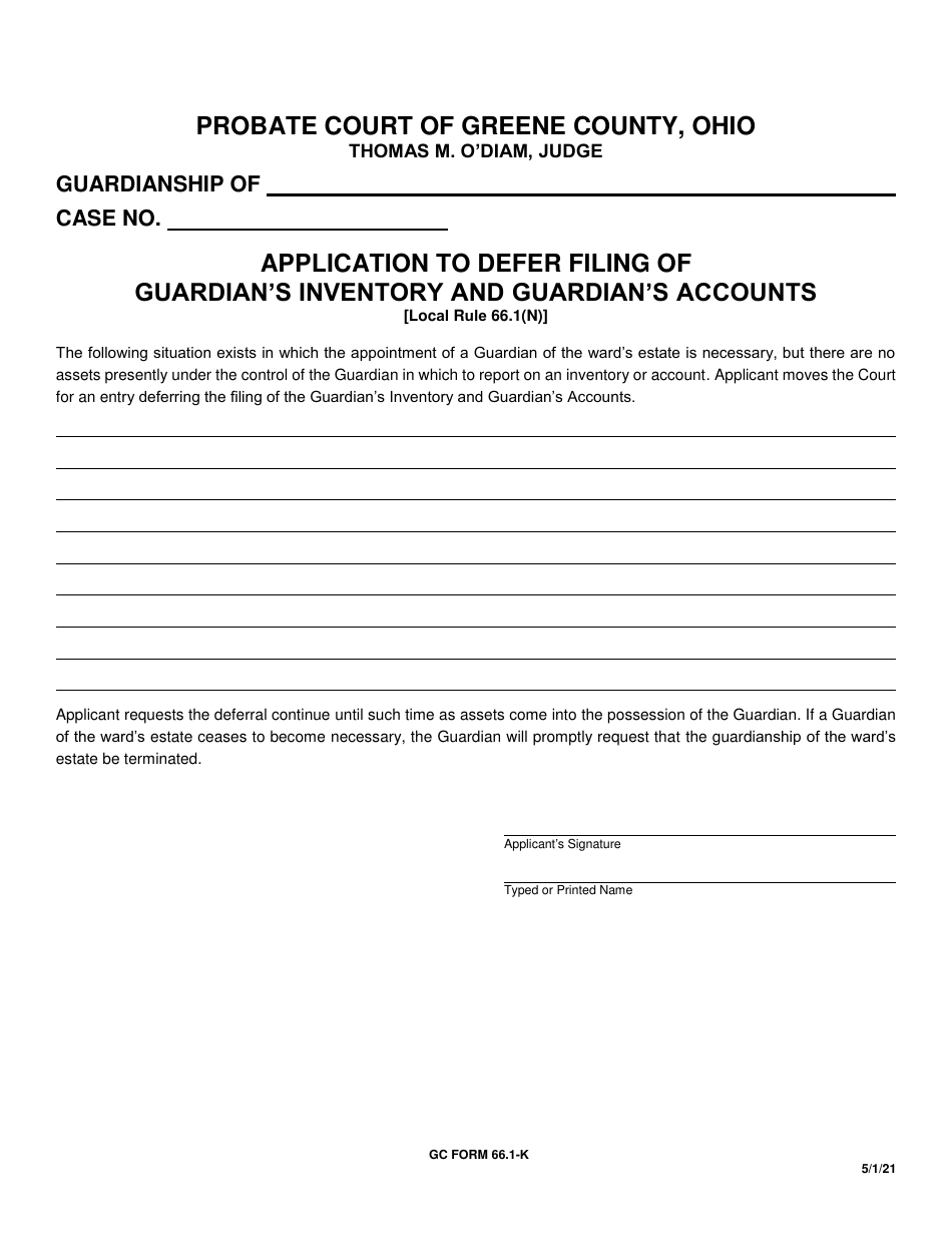 GC Form 66.1-K Application to Defer Filing of Guardians Inventory and Guardians Accounts - Greene County, Ohio, Page 1