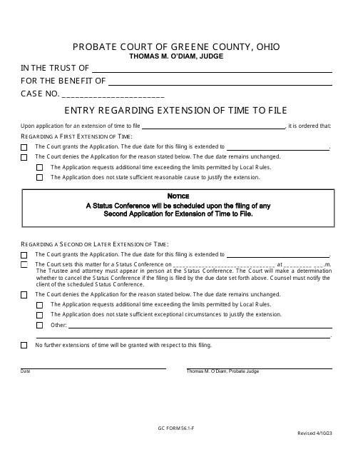 GC Form 56.1-F Entry Regarding Extension of Time to File - Trusts - Greene County, Ohio