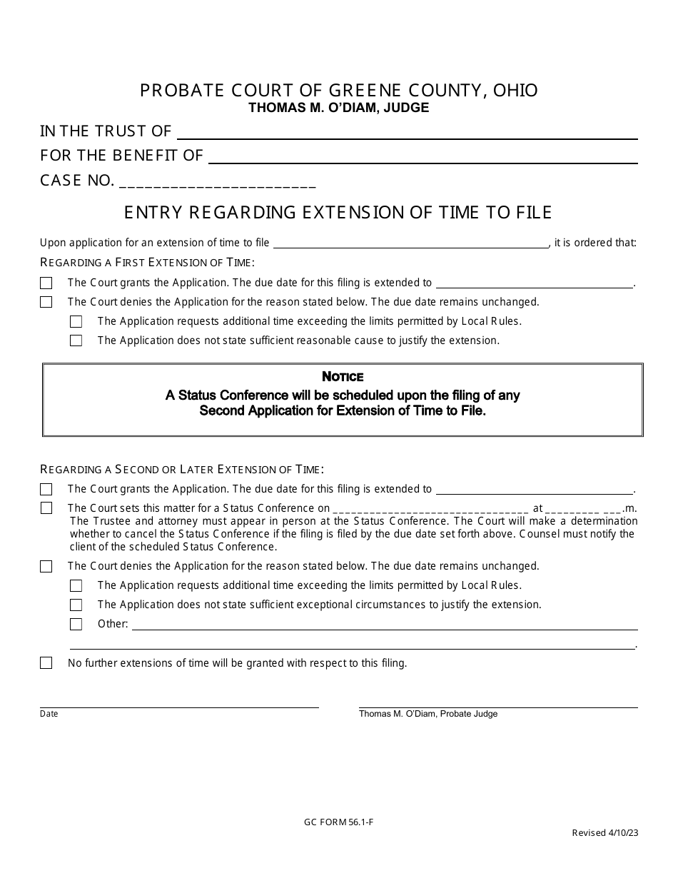 GC Form 56.1-F Entry Regarding Extension of Time to File - Trusts - Greene County, Ohio, Page 1