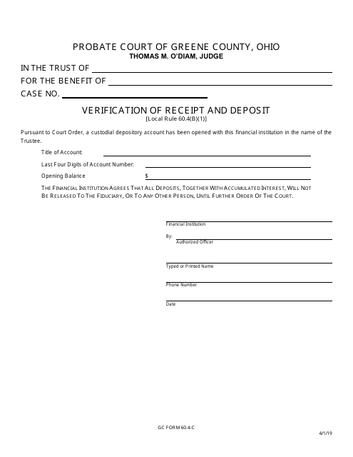 GC Form 60.4-C Verification of Receipt and Deposit - Trusts - Greene County, Ohio