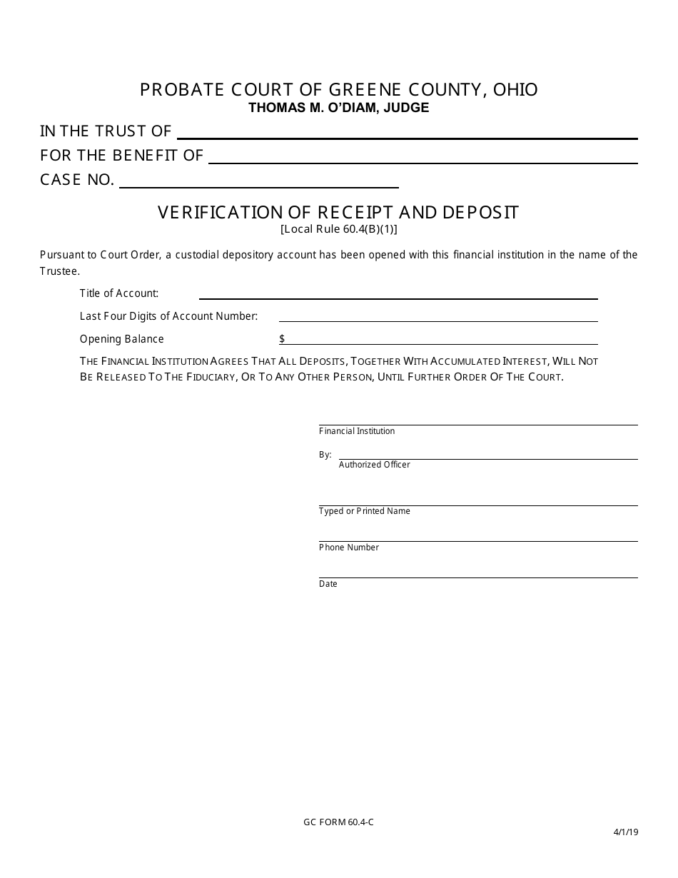 GC Form 60.4-C Verification of Receipt and Deposit - Trusts - Greene County, Ohio, Page 1