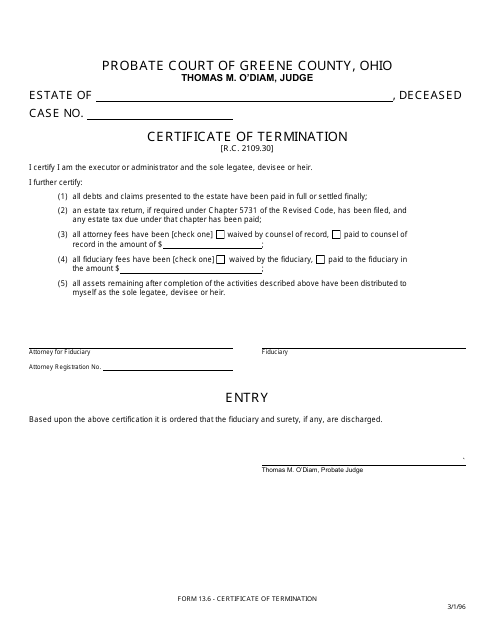 Form 13.6 Certificate of Termination - Greene County, Ohio