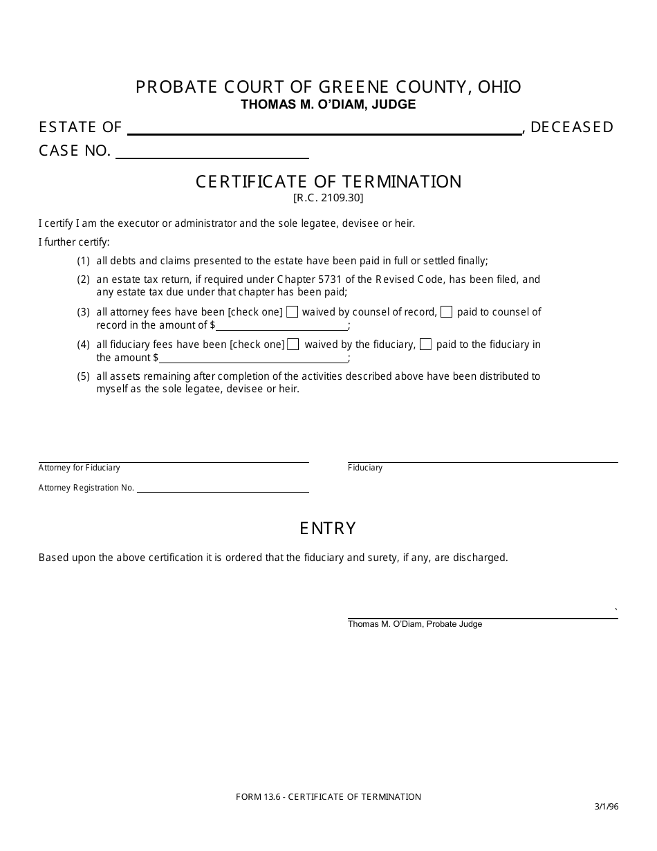 Form 13.6 Certificate of Termination - Greene County, Ohio, Page 1