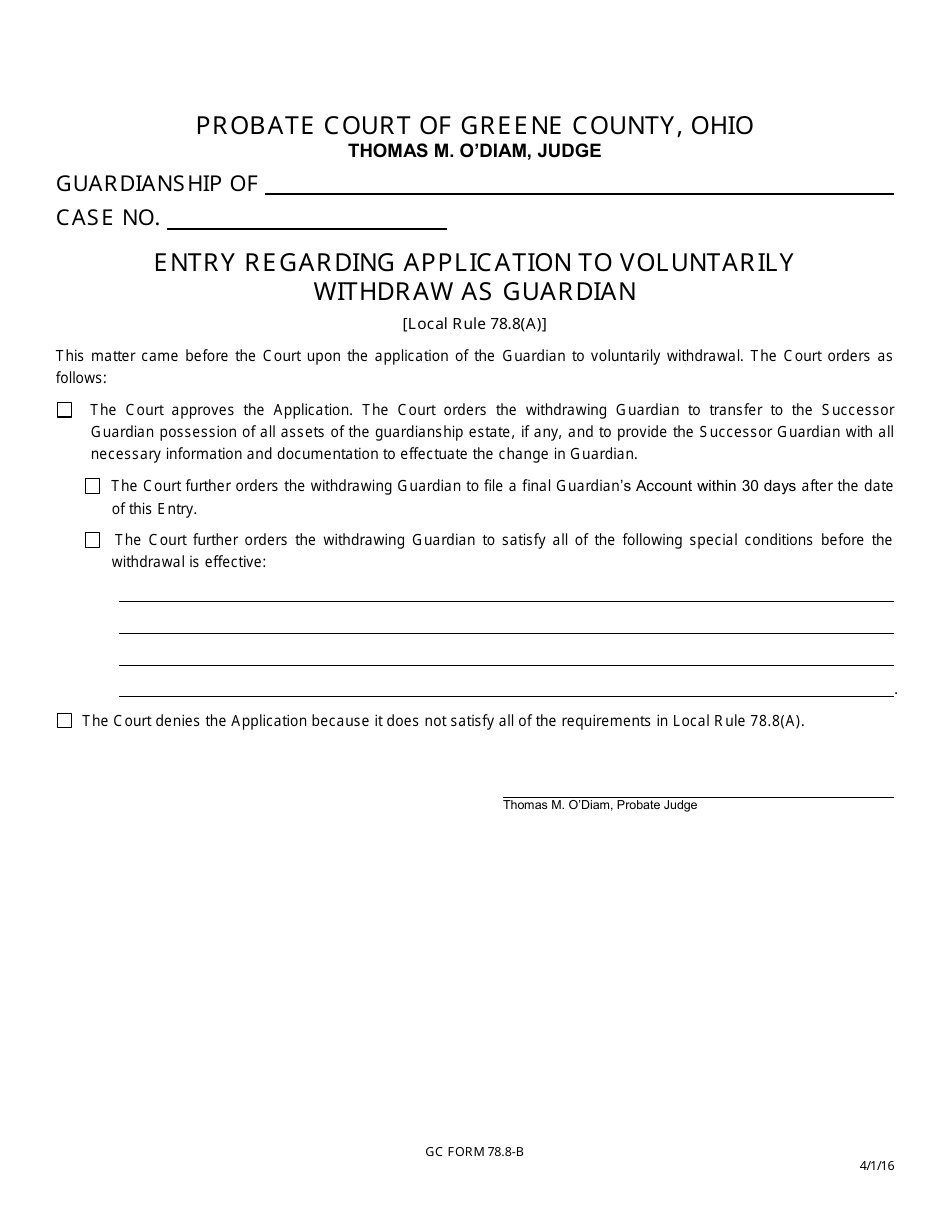 GC Form 78.8-B Entry Regarding Application to Voluntarily Withdraw as Guardian - Ohio, Page 1