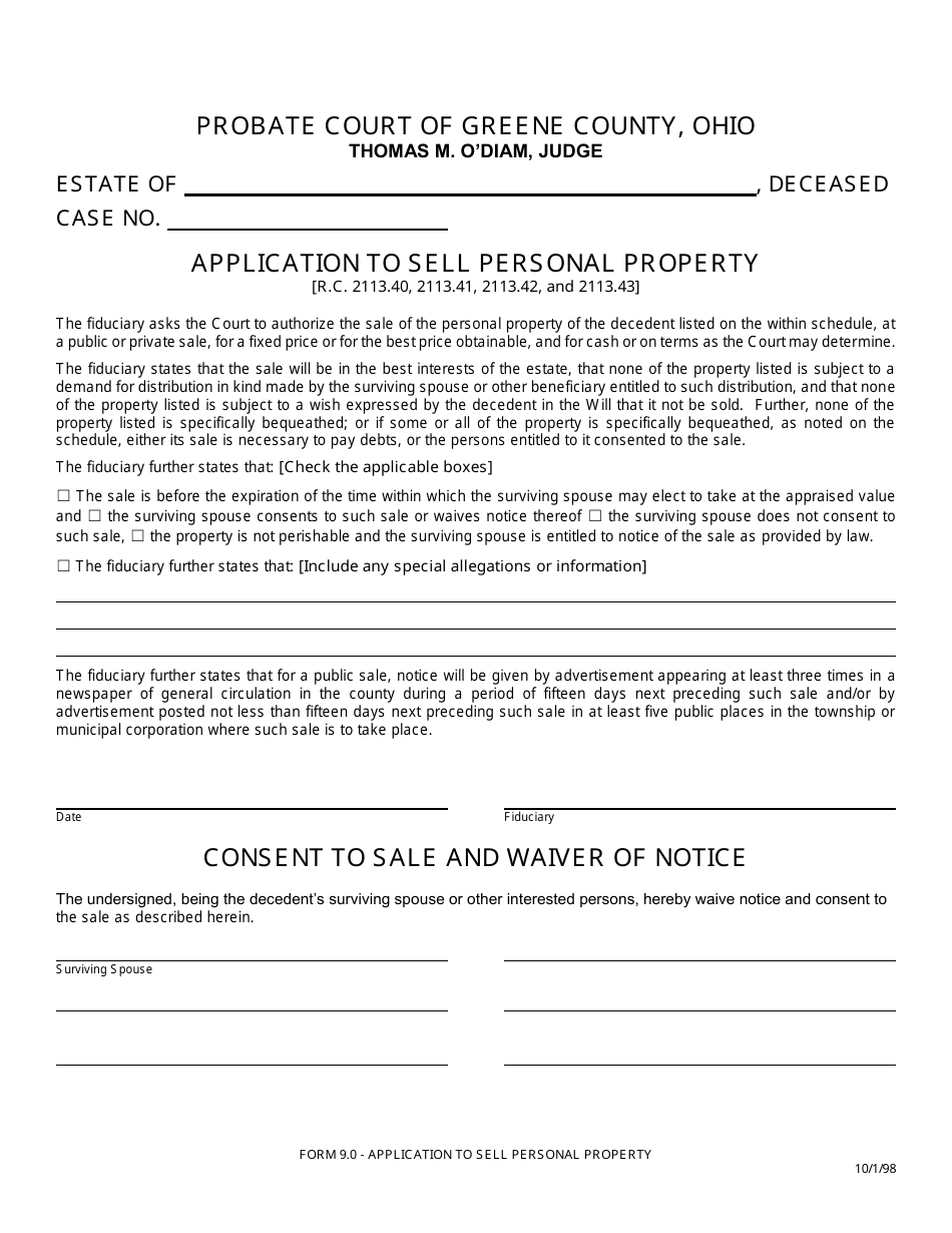 Form 9.0 Application to Sell Personal Property - Greene County, Ohio, Page 1