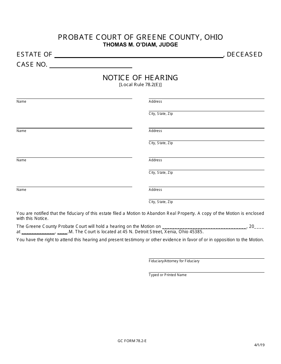 GC Form 78.2-E Notice of Hearing - Greene County, Ohio, Page 1