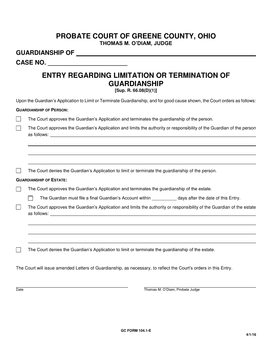GC Form 104.1-E Entry Regarding Limitation or Termination of Guardianship - Greene County, Ohio, Page 1