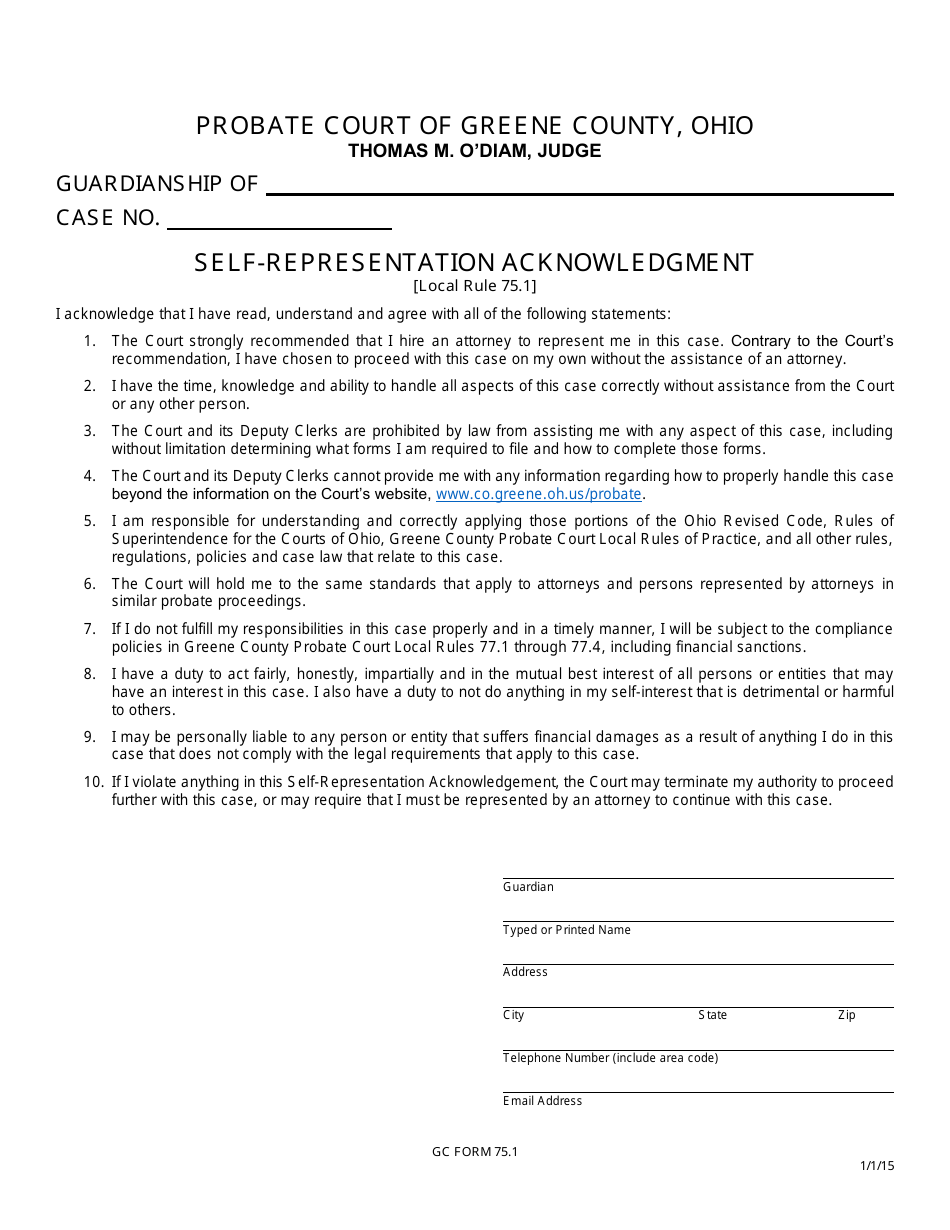 GC Form 75.1 Self-representation Acknowledgment - Guardianship - Greene County, Ohio, Page 1