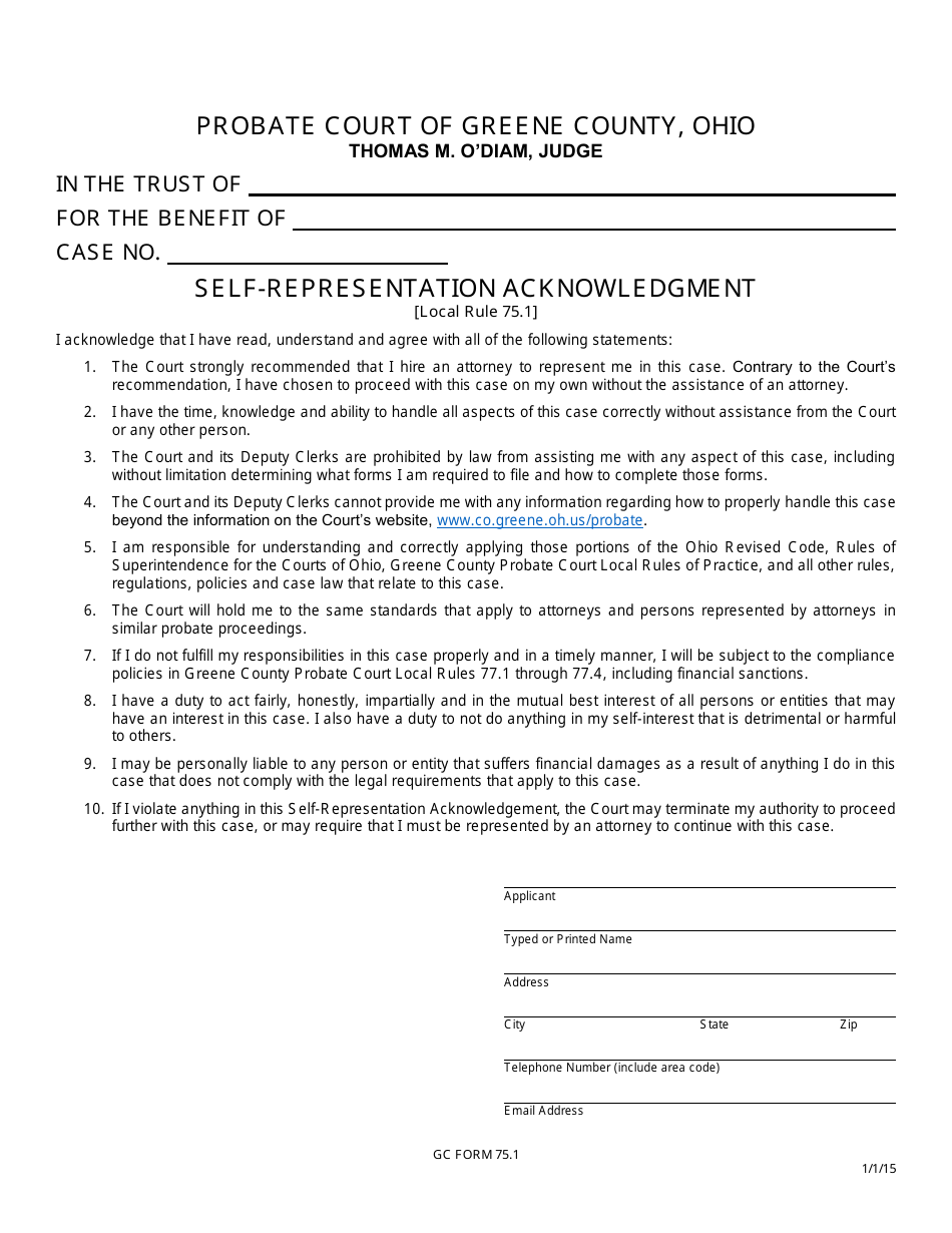 GC Form 75.1 Self-representation Acknowledgment - Trusts - Greene County, Ohio, Page 1