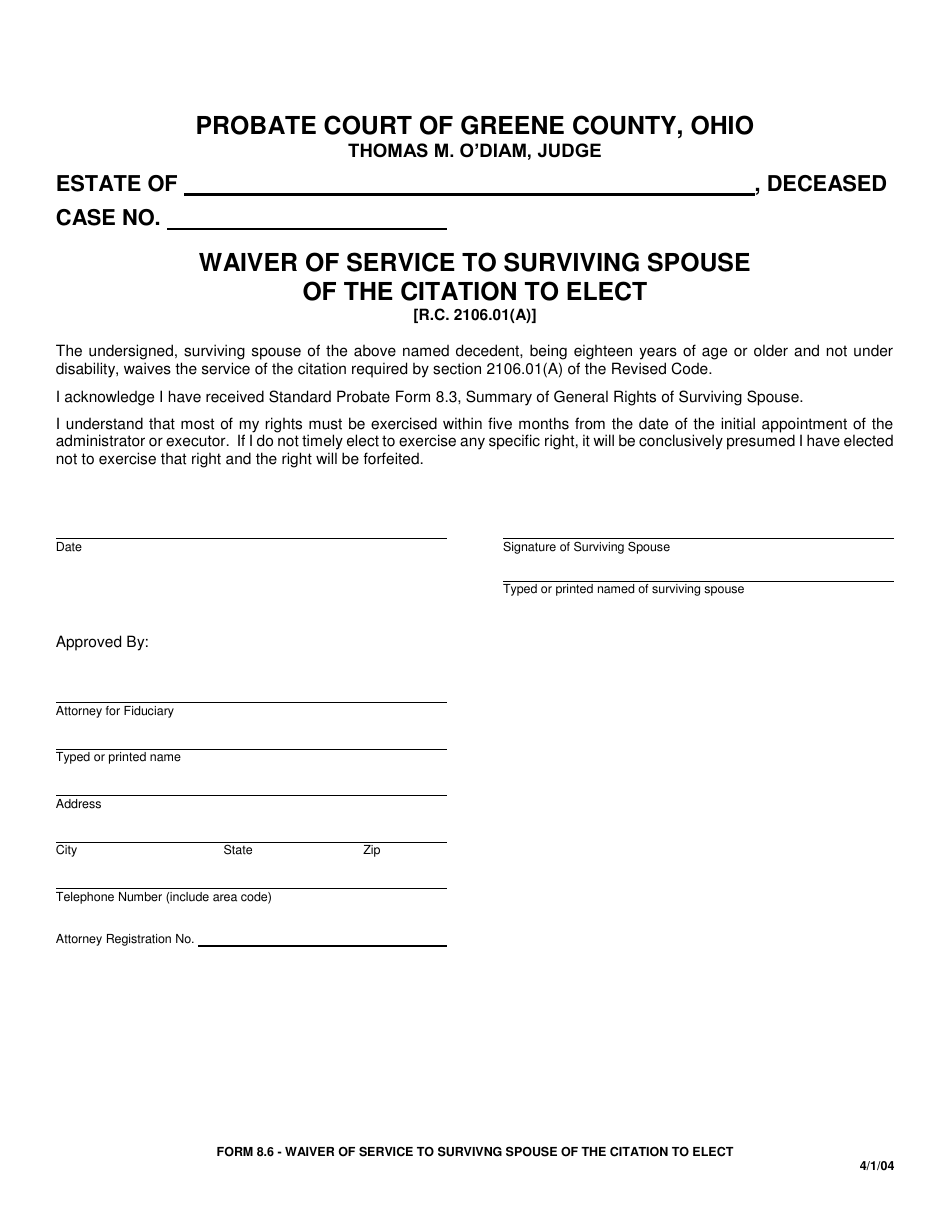 Form 8.6 Waiver of Service to Surviving Spouse of the Citation to Elect - Greene County, Ohio, Page 1