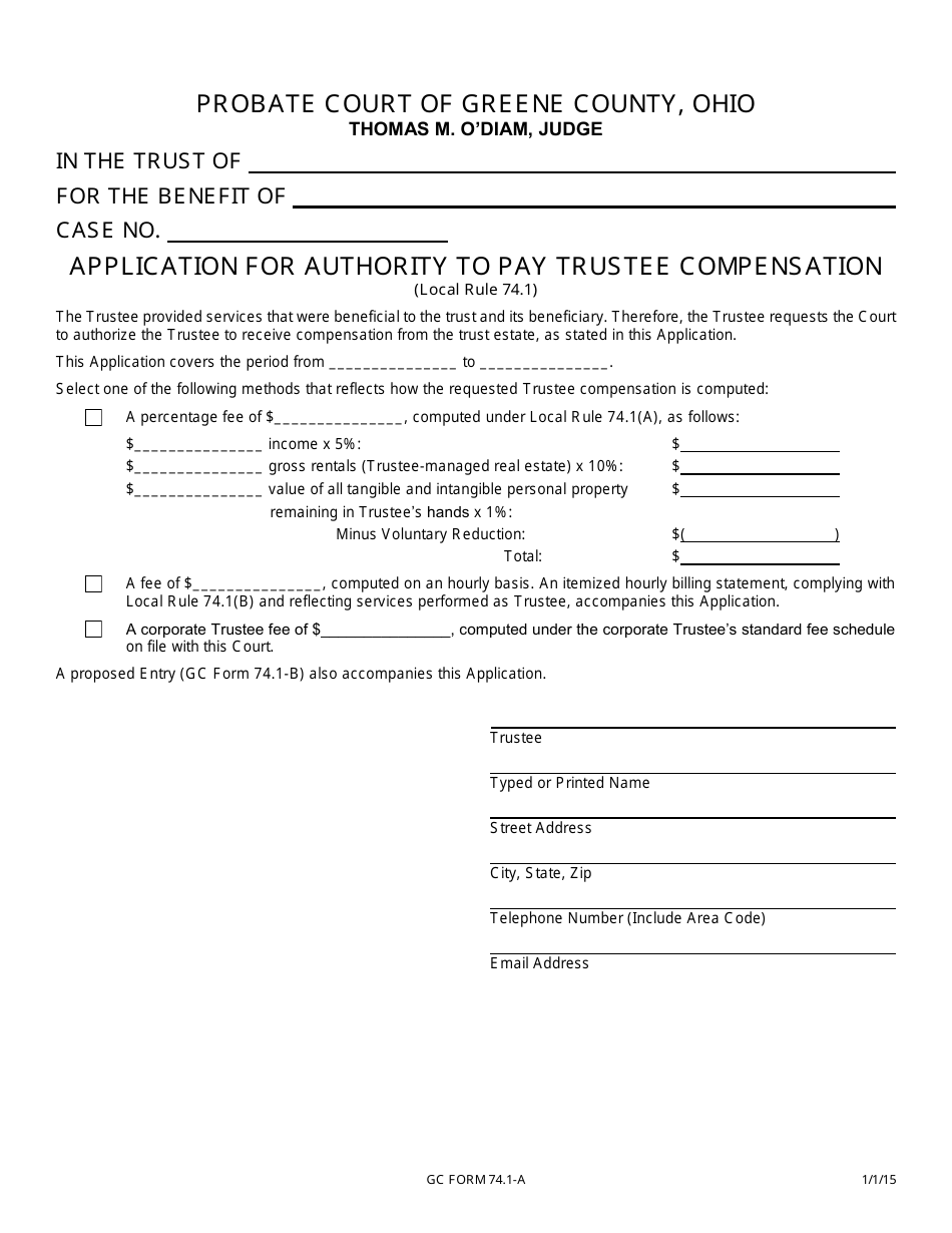 GC Form 74.1-A Application for Authority to Pay Trustee Compensation - Greene County, Ohio, Page 1