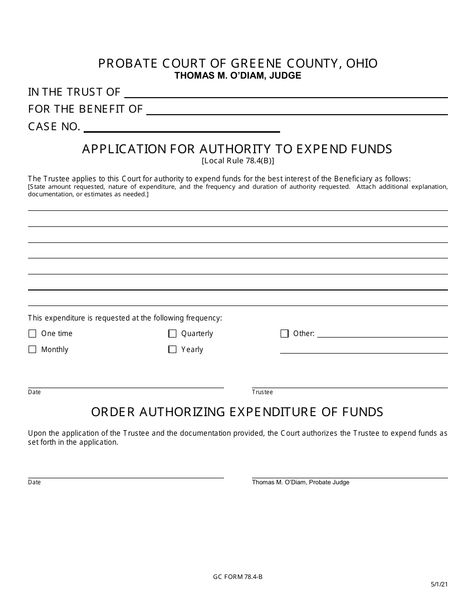 GC Form 78.4-B Application for Authority to Expend Funds - Greene County, Ohio, Page 1