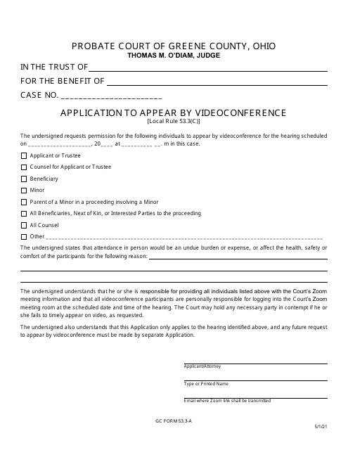 GC Form 53.3-A Application to Appear by Videoconference - Trusts - Greene County, Ohio