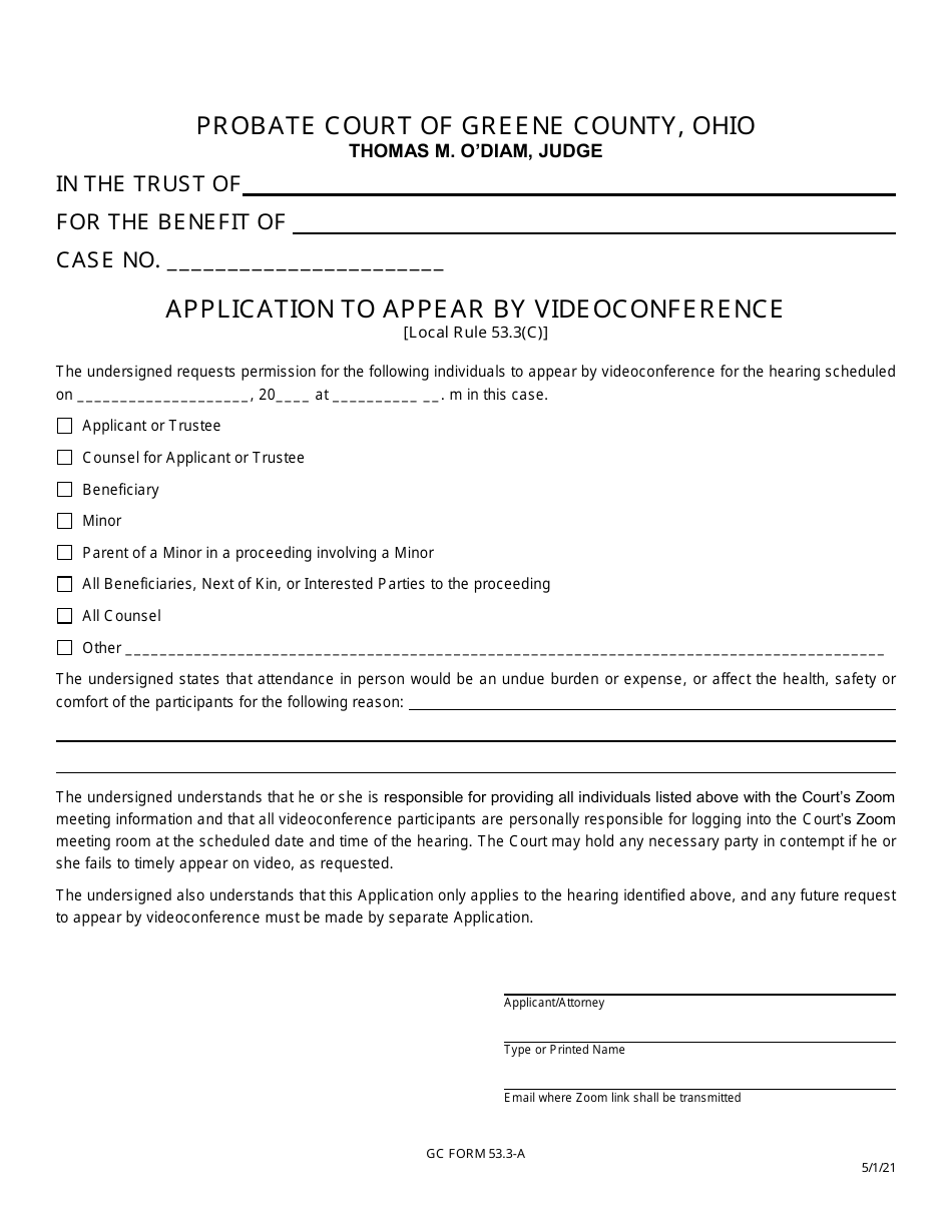 GC Form 53.3-A Application to Appear by Videoconference - Trusts - Greene County, Ohio, Page 1
