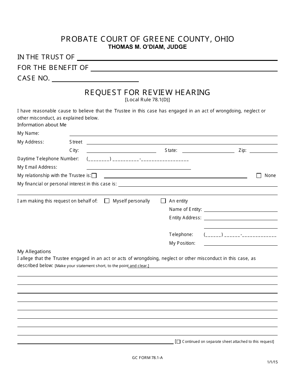 GC Form 78.1-A Request for Review Hearing - Trusts - Greene County, Ohio, Page 1