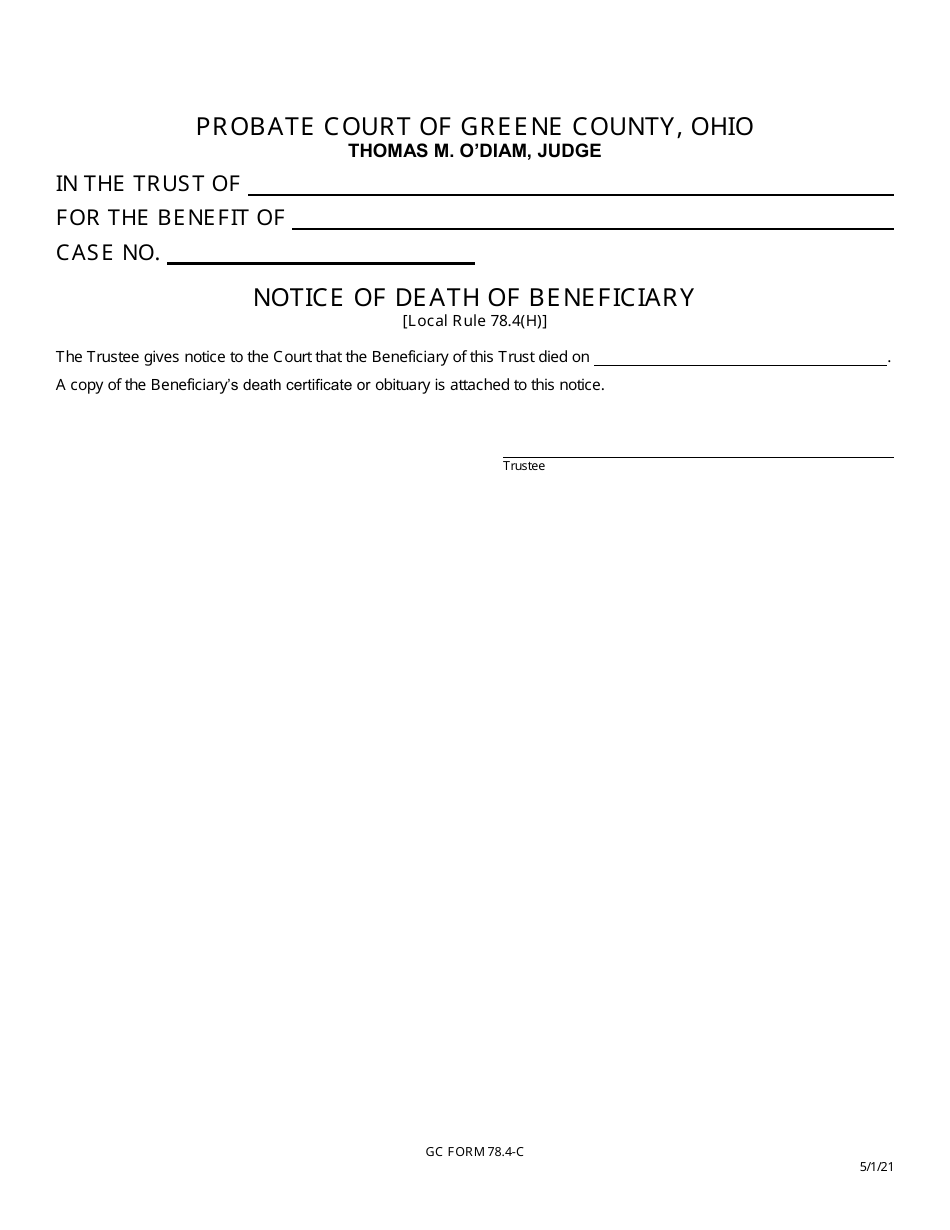 GC Form 78.4-C Notice of Death of Beneficiary - Greene County, Ohio, Page 1