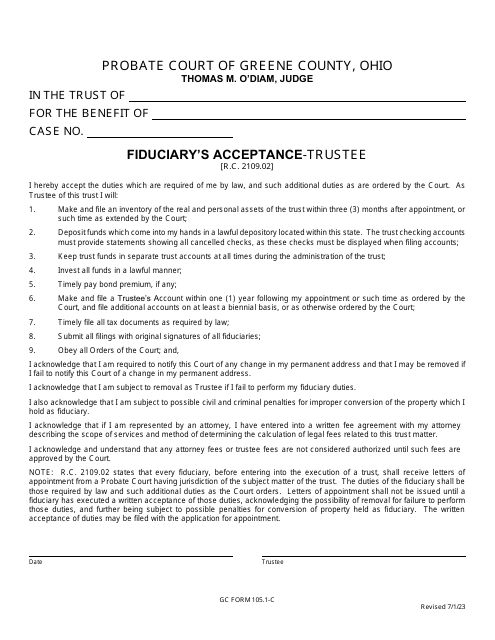 GC Form 105.1-C Fiduciary's Acceptance-Trustee - Greene County, Ohio
