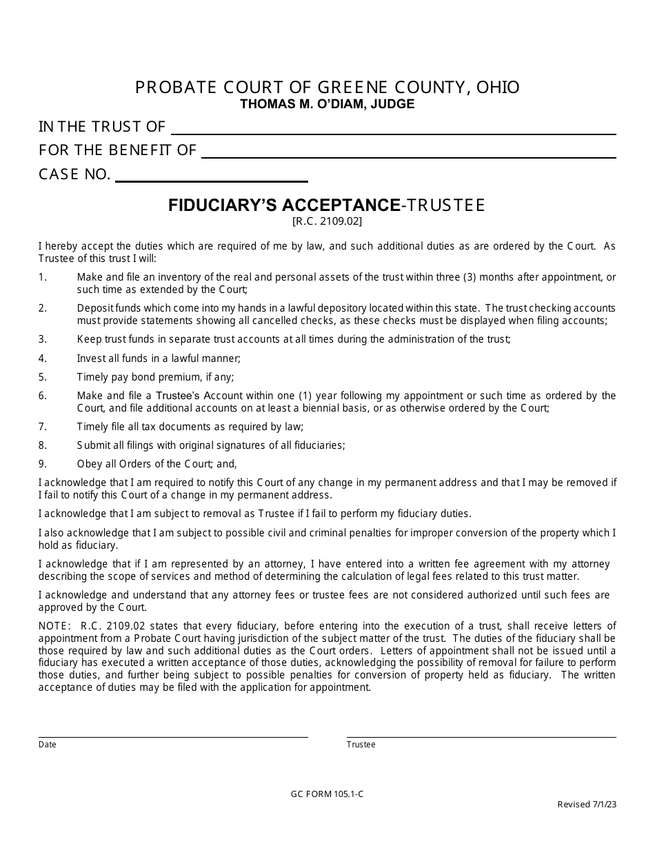 GC Form 105.1-C Fiduciarys Acceptance-Trustee - Greene County, Ohio, Page 1