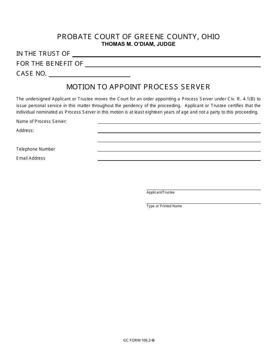 GC Form 106.2-G Motion to Appoint Process Server - Trusts - Greene County, Ohio, Page 1