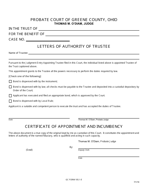 GC Form 105.1-E Letters of Authority of Trustee - Greene County, Ohio