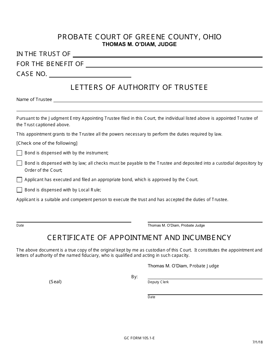 GC Form 105.1-E Letters of Authority of Trustee - Greene County, Ohio, Page 1