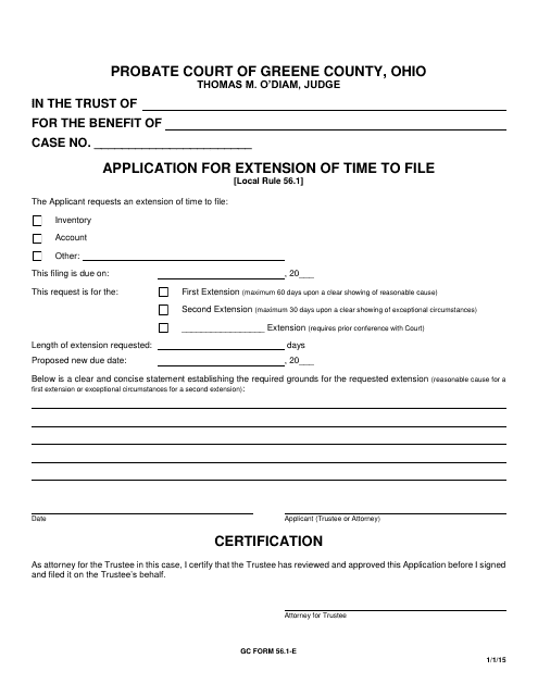 GC Form 56.1-E Application for Extension of Time to File - Greene County, Ohio
