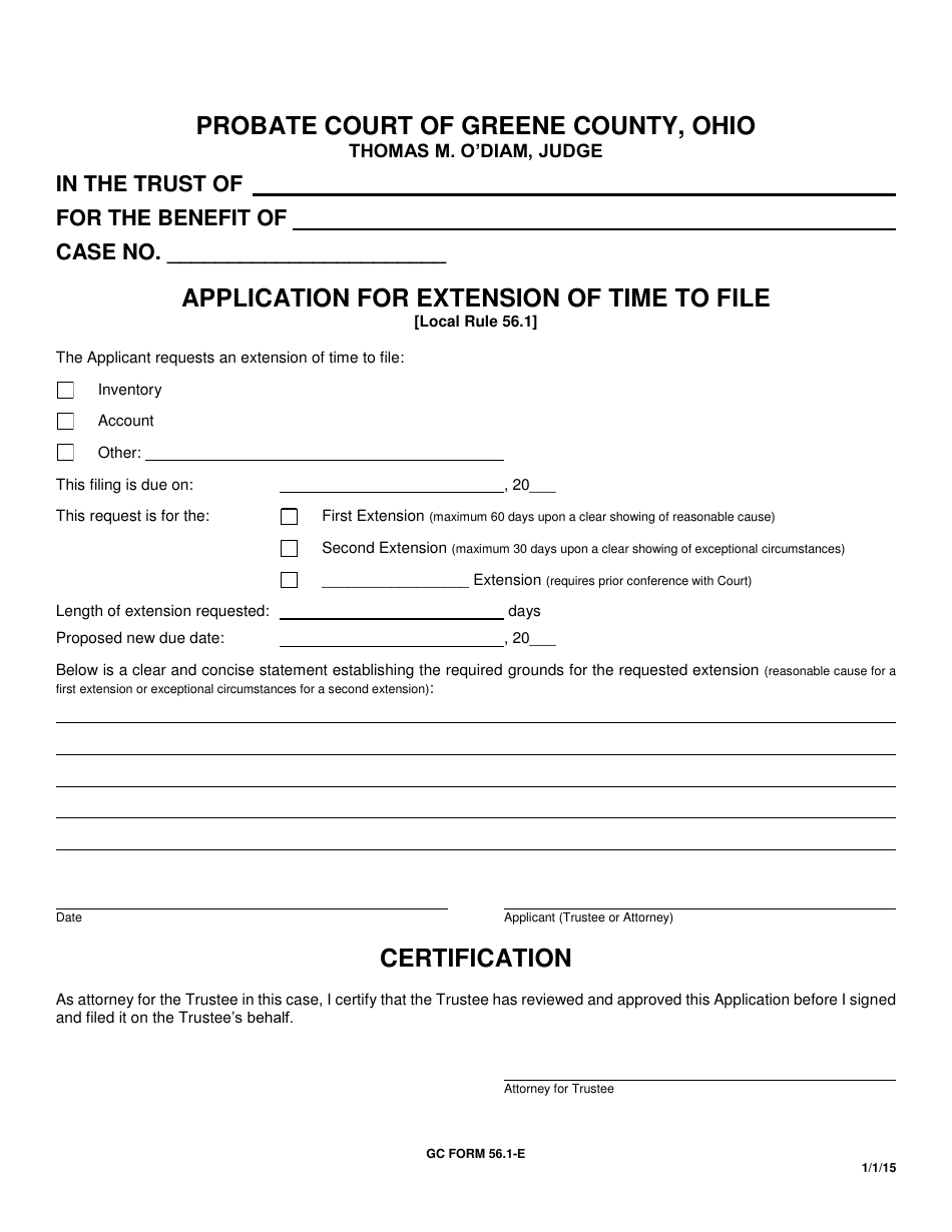 GC Form 56.1-E Application for Extension of Time to File - Greene County, Ohio, Page 1