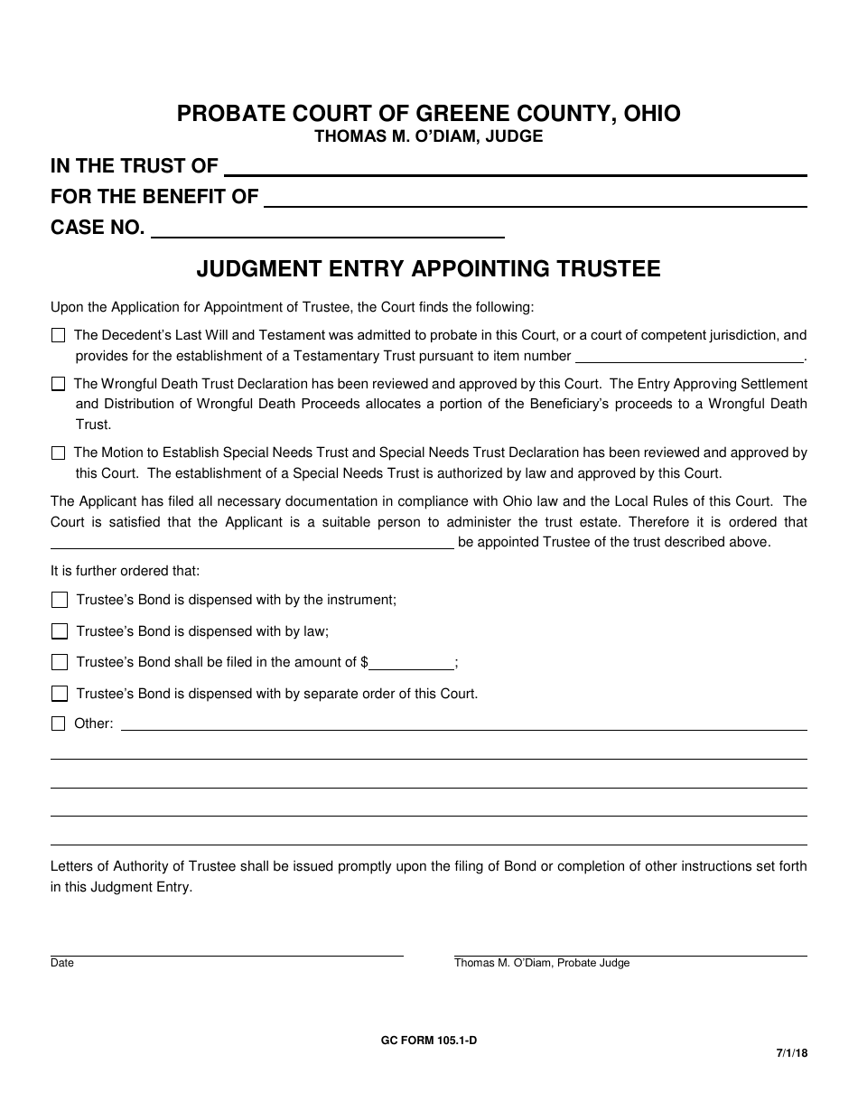GC Form 105.1-D Judgment Entry Appointing Trustee - Greene County, Ohio, Page 1