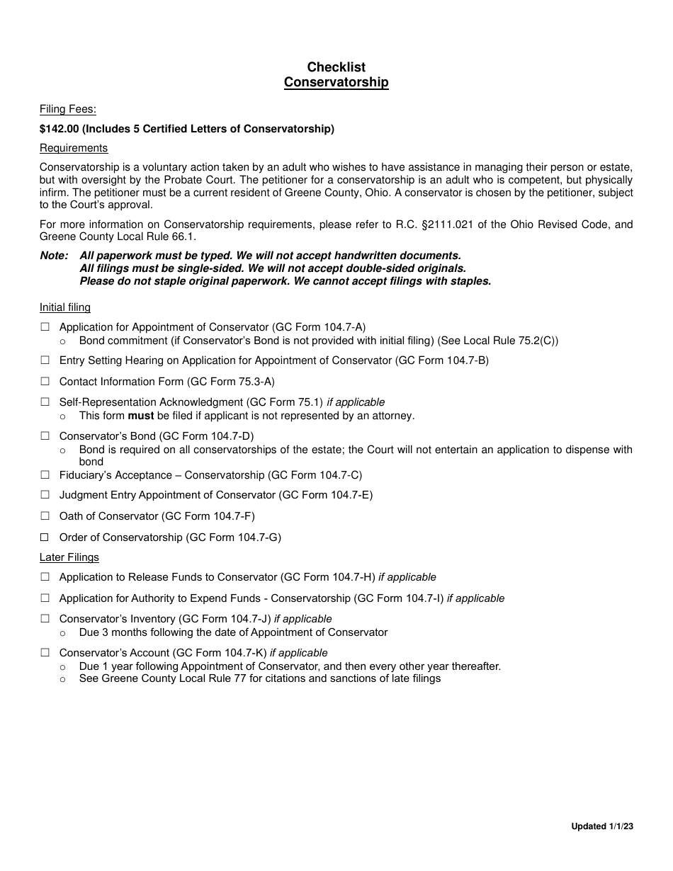 Checklist for Filing Conservatorship - Greene County, Ohio, Page 1