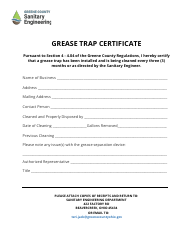 Document preview: Grease Trap Certificate - Greene County, Ohio