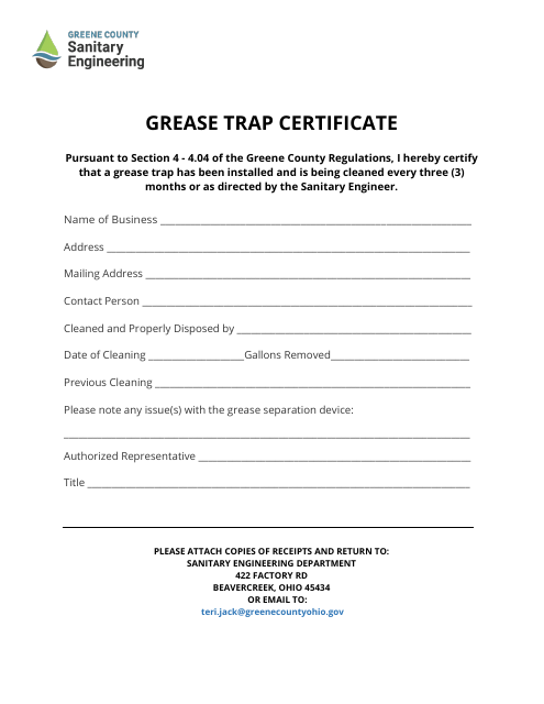 Grease Trap Certificate - Greene County, Ohio