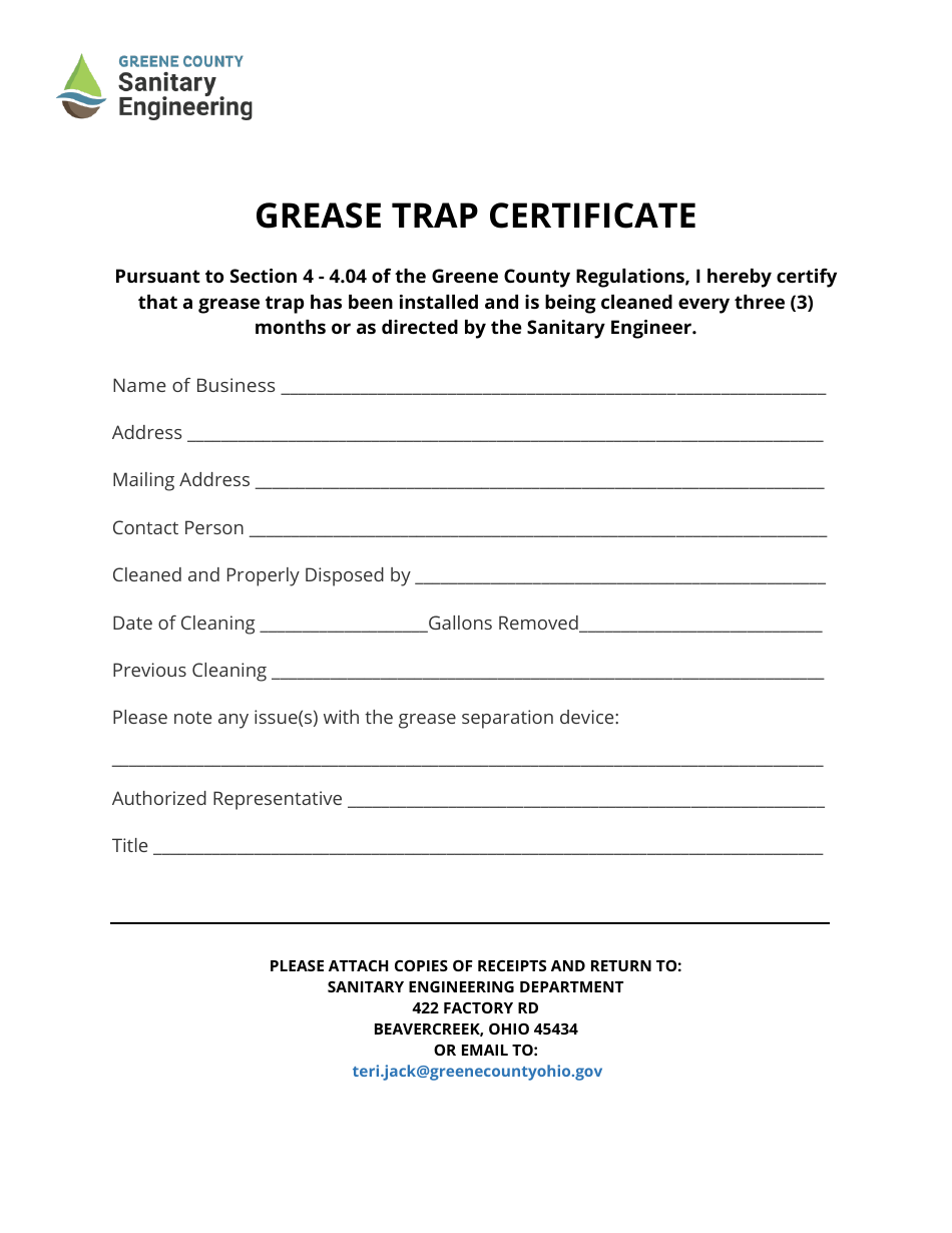 Grease Trap Certificate - Greene County, Ohio, Page 1
