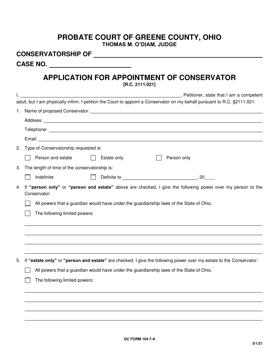 GC Form 104.7-A Application for Appointment of Conservator - Greene County, Ohio, Page 1