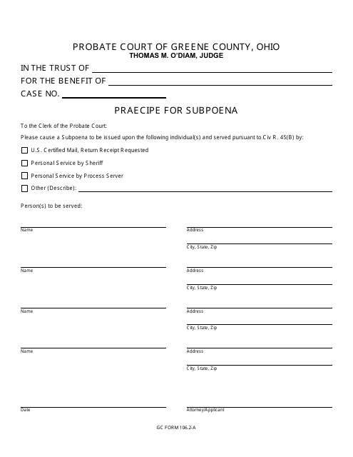 GC Form 106.2-A Praecipe for Subpoena - Trusts - Greene County, Ohio