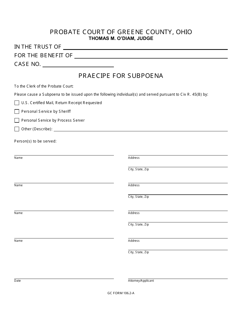GC Form 106.2-A Praecipe for Subpoena - Trusts - Greene County, Ohio, Page 1