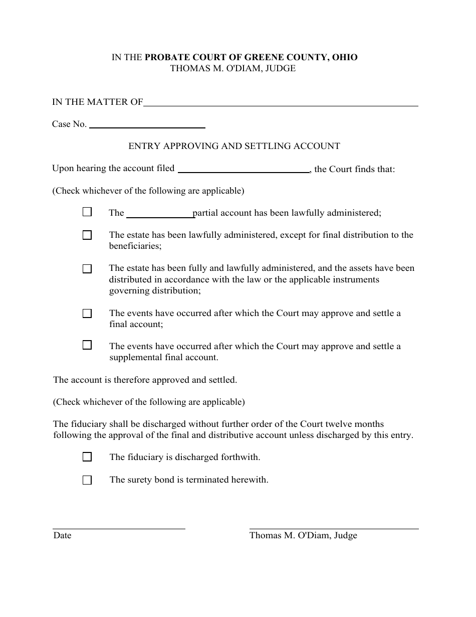 Form PCC-009 Entry Approving and Settling Account - Greene County, Ohio, Page 1