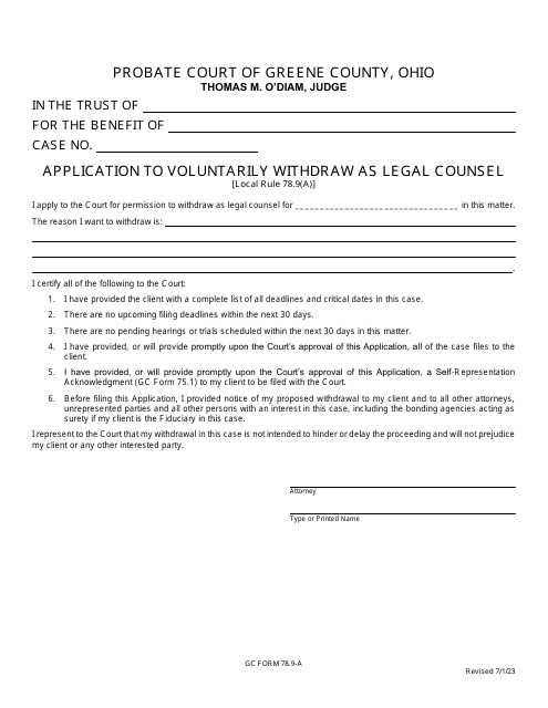 GC Form 78.9-A Application to Voluntarily Withdraw as Legal Counsel - Trusts - Greene County, Ohio